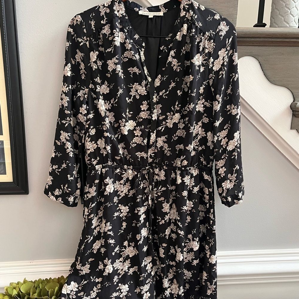 Daniel Rainn Black Floral Tie Waist Long Sleeve Shirt Dress sz L EUC